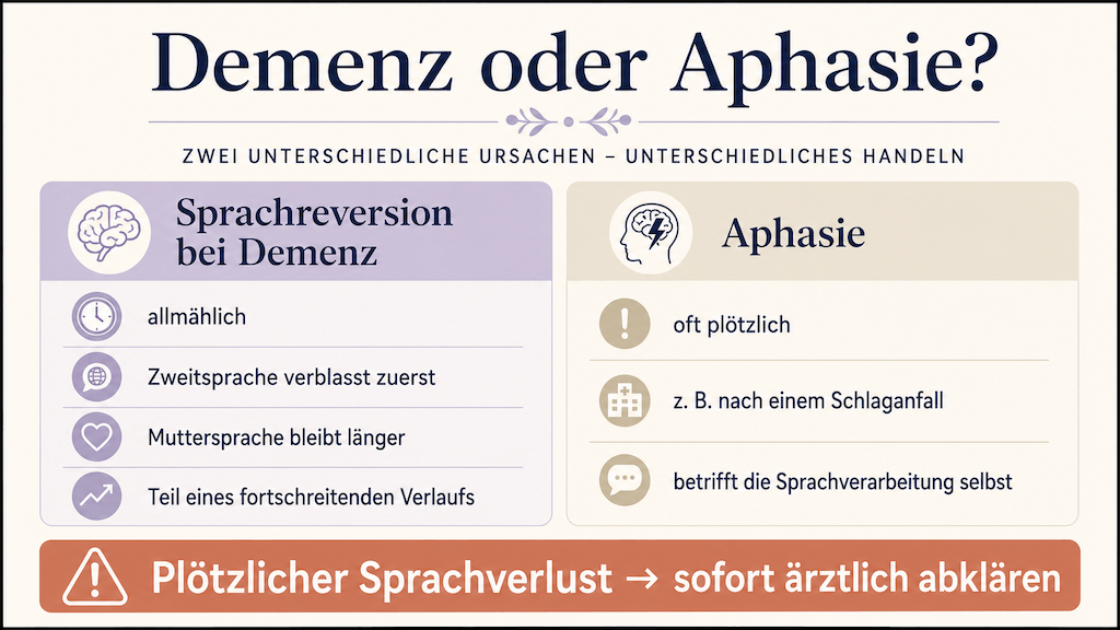 Grafik: Sprachreversion bei Demenz verläuft allmählich, eine Aphasie oft plötzlich — plötzlicher Sprachverlust gehört sofort ärztlich abgeklärt (KI-generiert) (KI-generiert)
