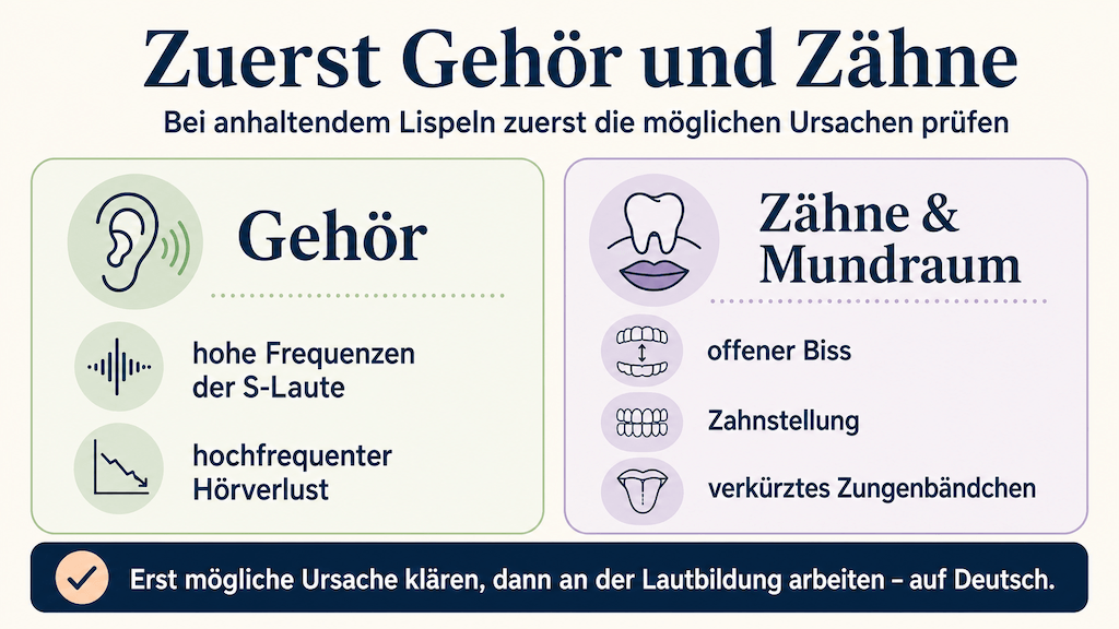Grafik: Bei anhaltendem Lispeln zuerst Gehör und Zahn-/Mundsituation prüfen (KI-generiert) (KI-generiert)