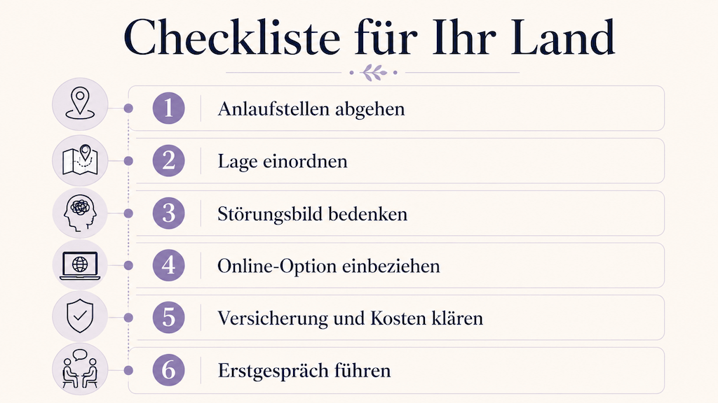 Sechs-Schritte-Checkliste für die Suche nach Sprachtherapie im eigenen Land (KI-generiert) (KI-generiert)