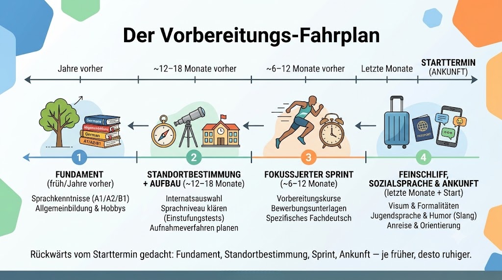 Zeitleiste der Internatsvorbereitung in vier Phasen, rückwärts vom Starttermin gedacht