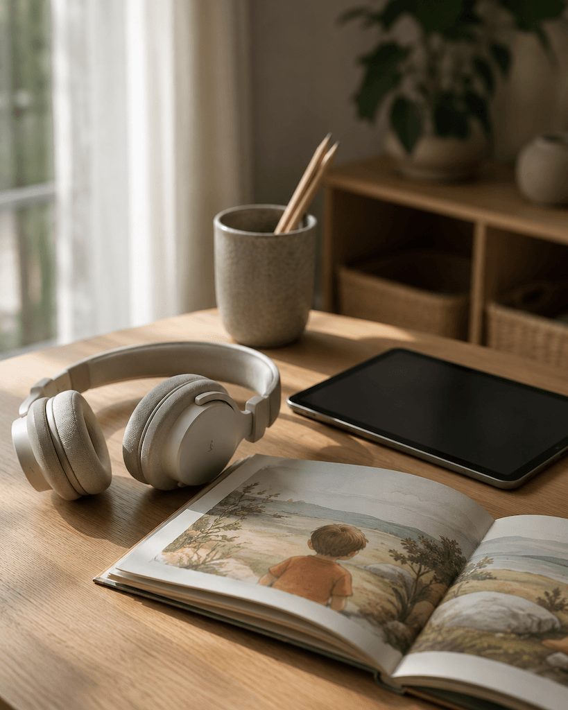 Kind mit Kopfhörer und Therapeutin am Tablet — genaues Hinhören