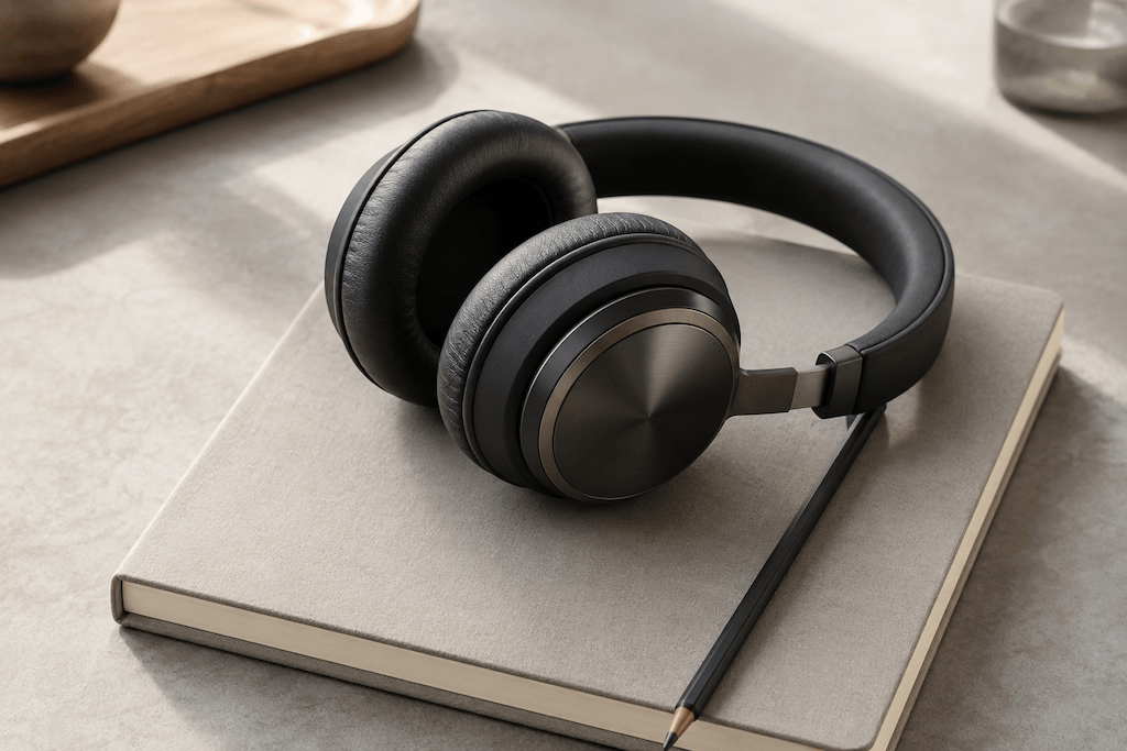 Hochwertige Over-Ear-Kopfhörer aus dunklem Metall und Leder auf einem Notizbuch
