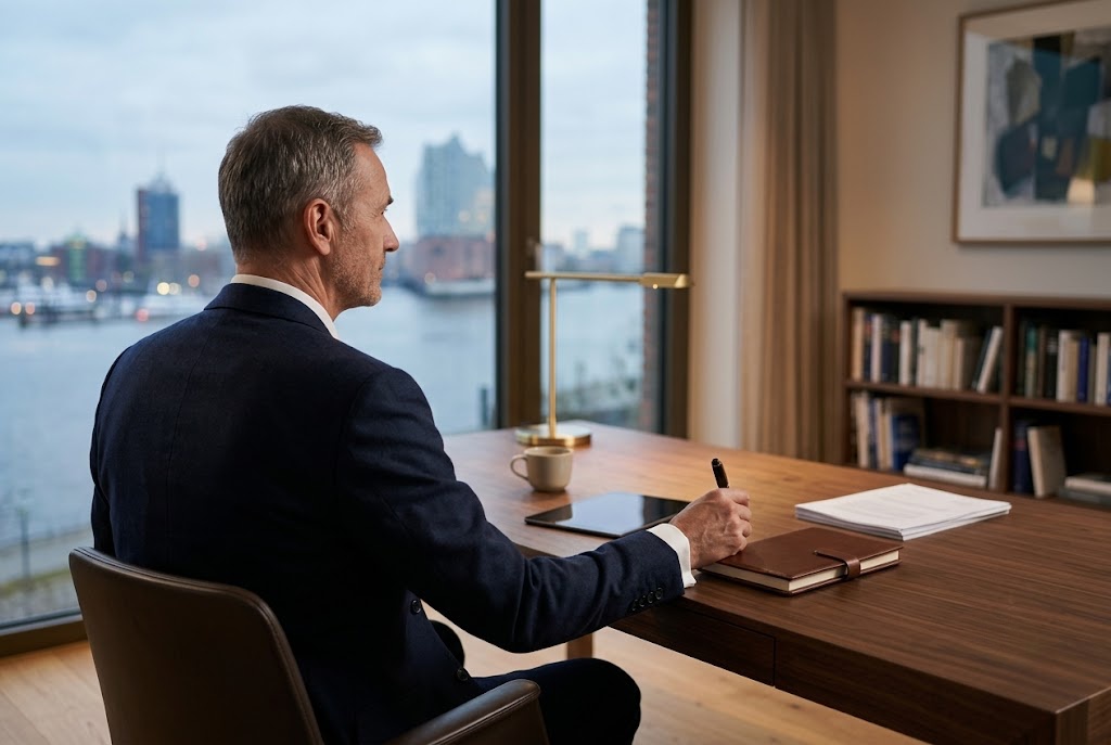 Executive am Schreibtisch mit Blick auf Hafenpanorama, Notizen und Füller