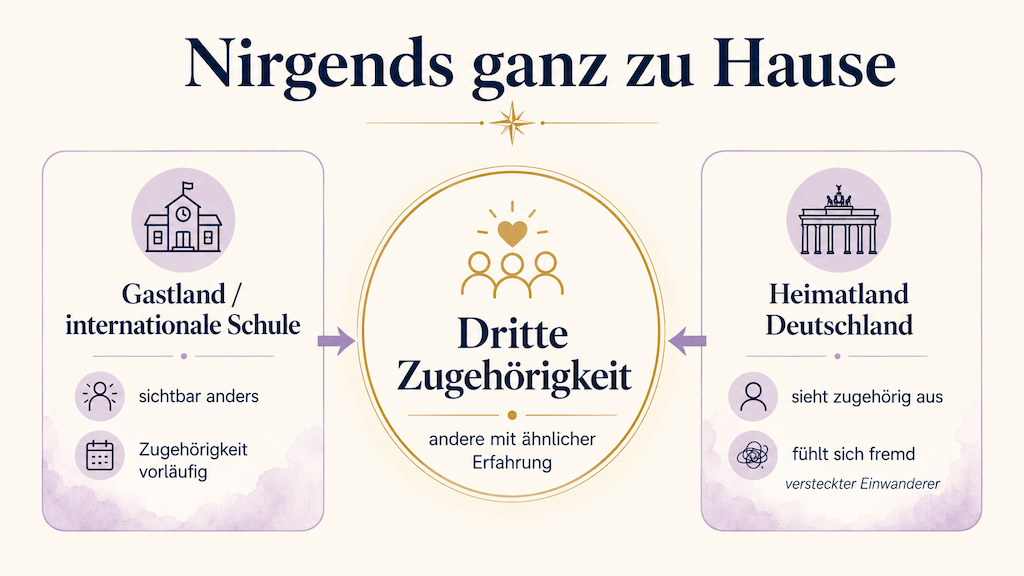 Gegenüberstellung: nicht ganz zugehörig im Gastland und im Heimatland; die Lösung liegt in der dritten Zugehörigkeit (KI-generiert)