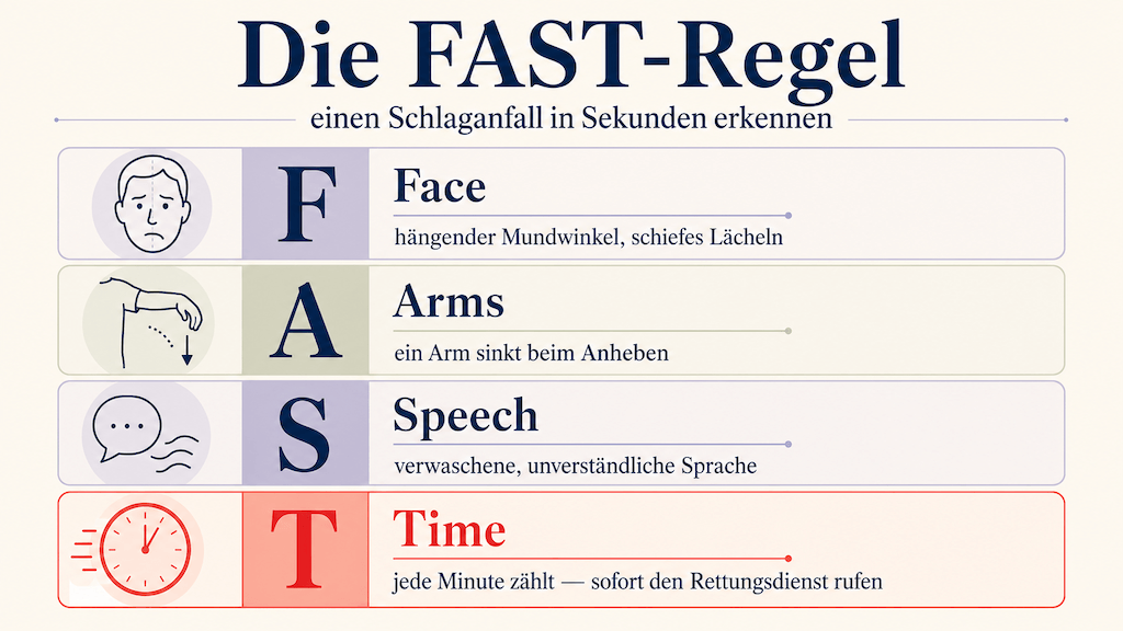 Grafik der FAST-Regel: Face, Arms, Speech, Time — einen Schlaganfall in Sekunden erkennen und sofort den Rettungsdienst rufen (KI-generiert) (KI-generiert)