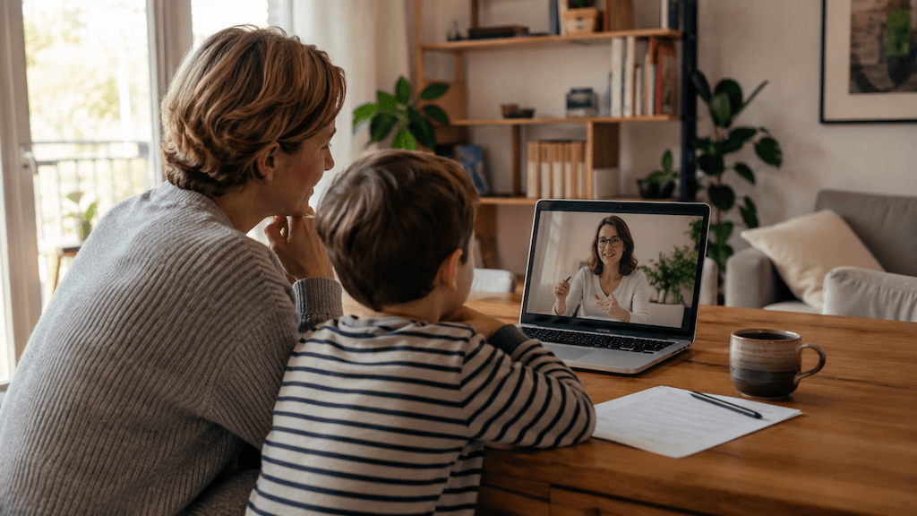 Mutter und Kind sitzen am Tisch vor einem Laptop in einer Online-Sprachtherapie-Sitzung (KI-generiert) (KI-generiert)
