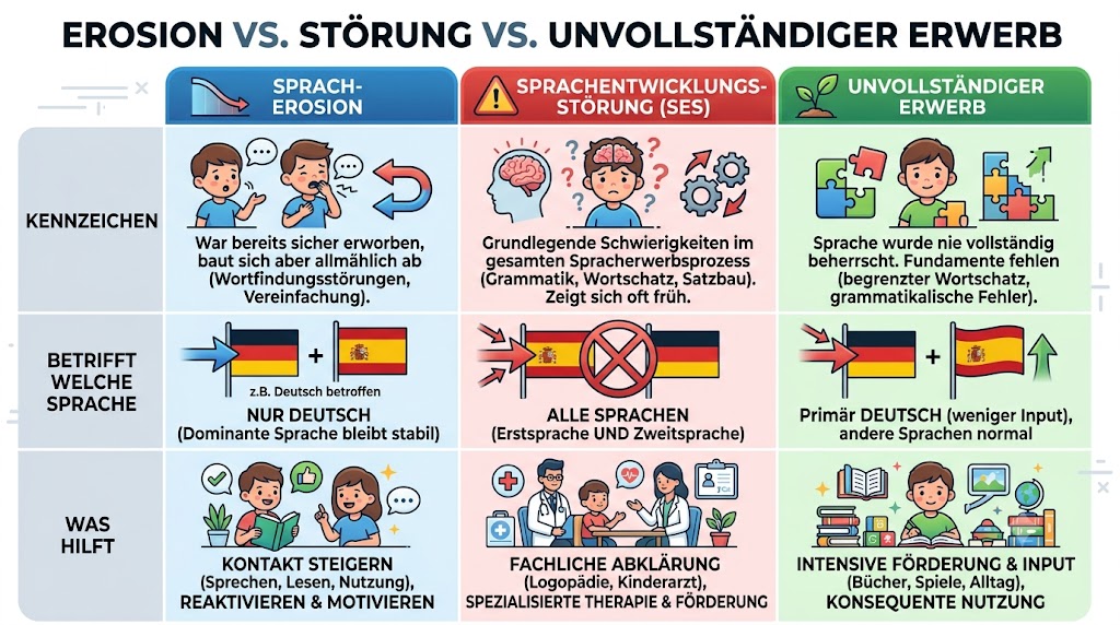Vergleichsgrafik: Unterschiede zwischen Sprach-Erosion, Sprachentwicklungsstörung und unvollständigem Spracherwerb