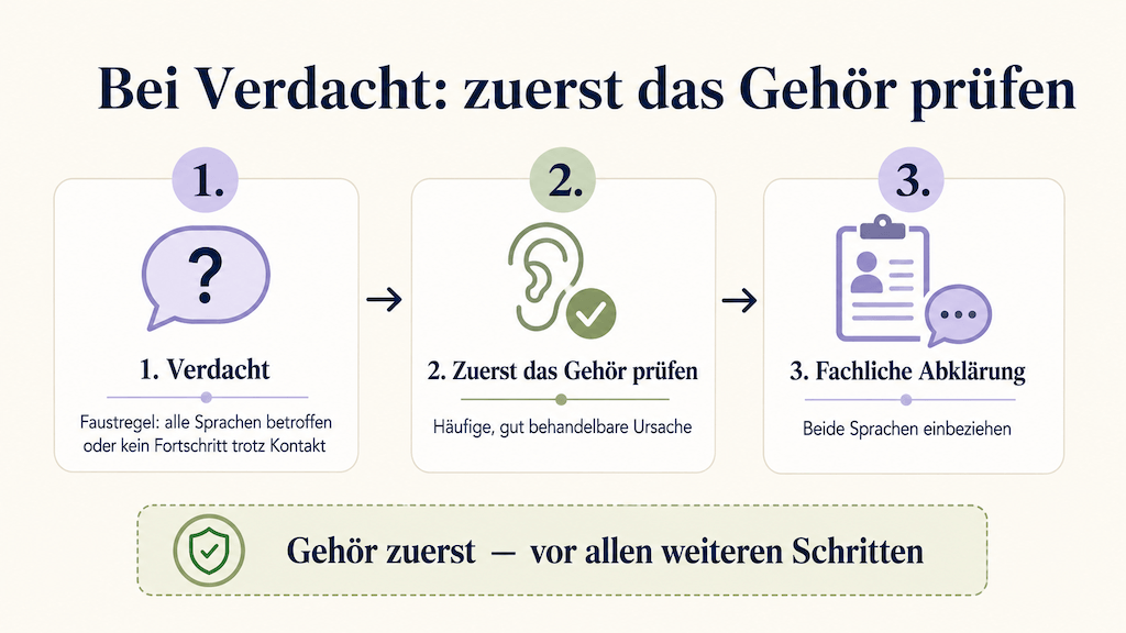 Drei Schritte bei Verdacht: Verdacht, zuerst das Gehör prüfen, dann fachliche Abklärung mit beiden Sprachen (KI-generiert) (KI-generiert)