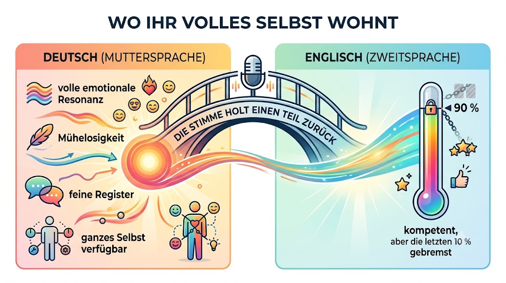 Grafik: volles Selbst in der Muttersprache verfügbar, in der Zweitsprache gebremst, die Stimme als Brücke