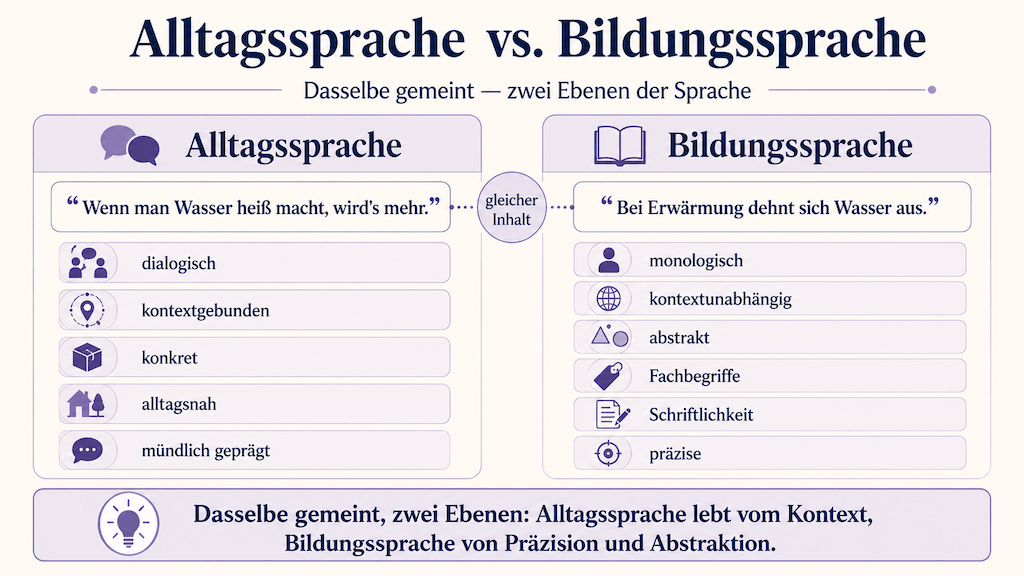 Vergleichsgrafik Alltagssprache und Bildungssprache mit Beispielsätzen und Merkmalen