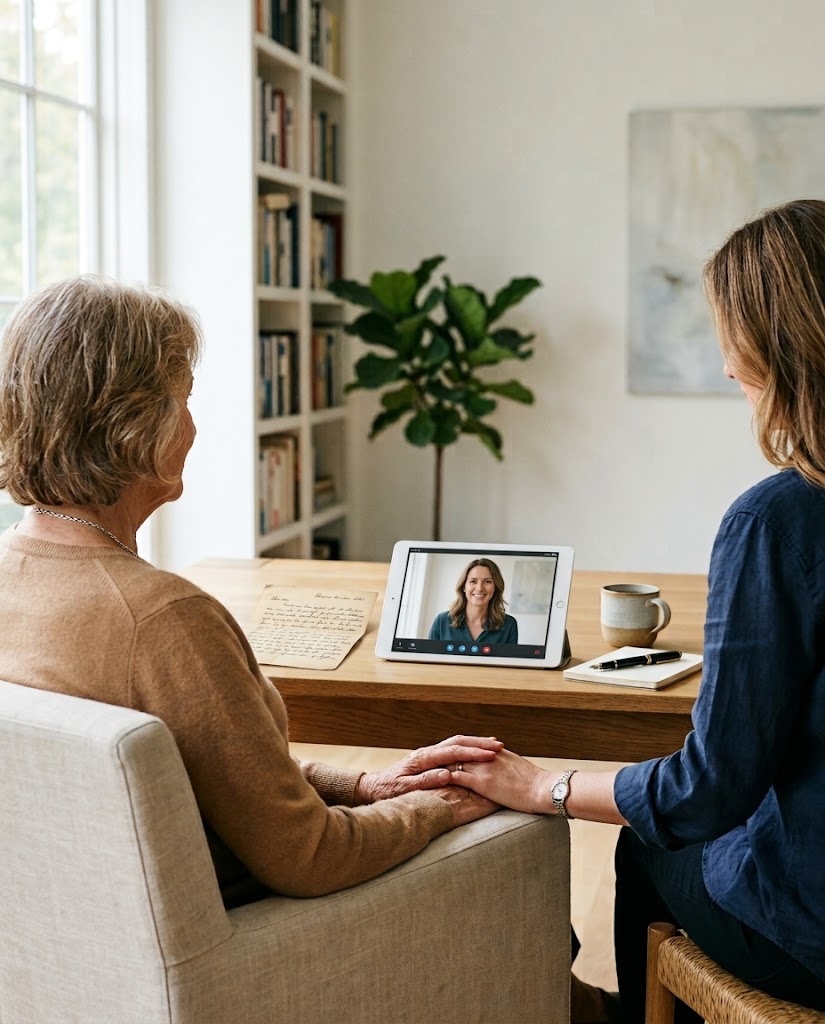 Tochter und Mutter am Tisch, Videoanruf auf einem Tablet