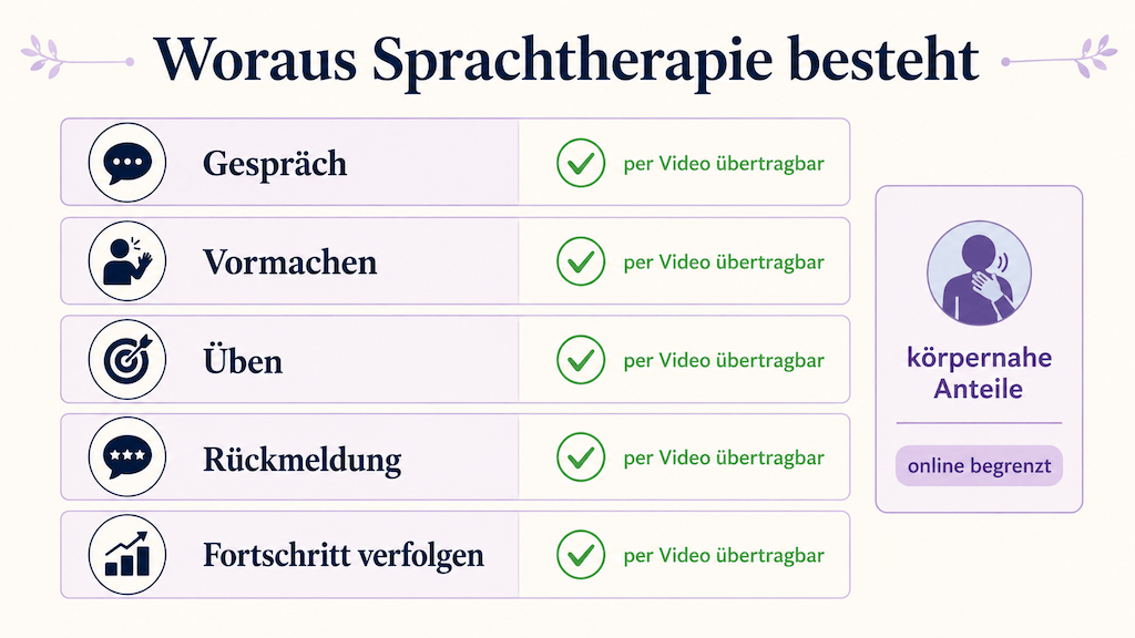 Grafik: Sprachtherapie besteht aus Gespräch, Vormachen, Üben und Rückmeldung — alles per Video übertragbar (KI-generiert) (KI-generiert)