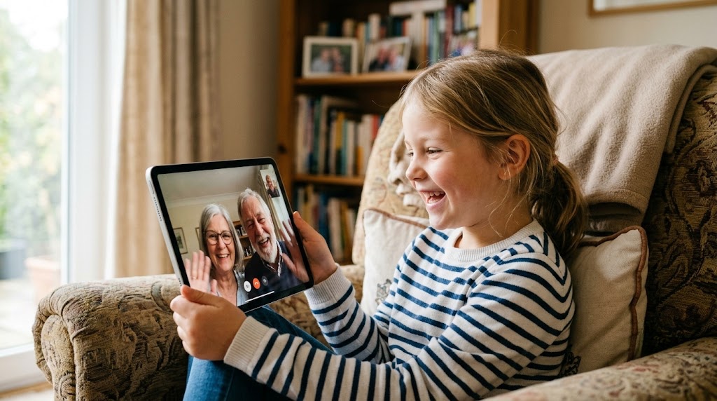 Kind telefoniert per Video mit den Großeltern — echter Sprechbedarf als Schlüssel zum aktiven Deutsch
