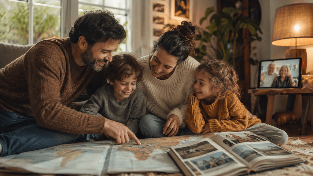 Familie verbindet ihre Stationen auf einer Weltkarte — Heimat als Geflecht aus Menschen und Erinnerungen (KI-generiert)