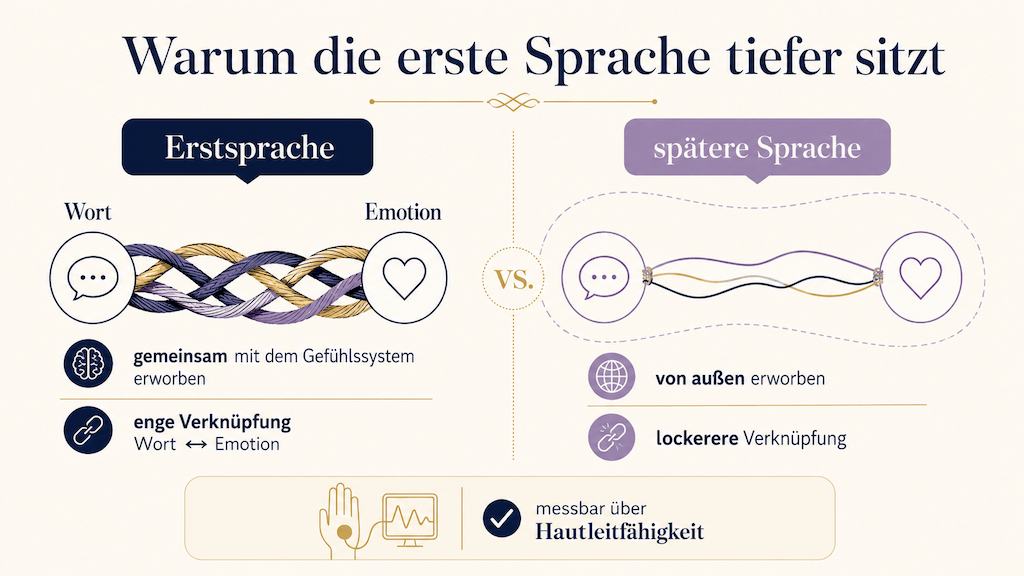 Grafik: Die Erstsprache wird gemeinsam mit dem Gefühlssystem erworben und ist eng mit Emotionen verknüpft, eine spätere Sprache lockerer (KI-generiert)
