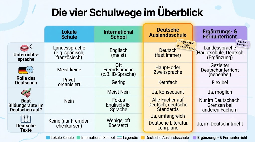 Vergleichsraster der vier Schulwege deutscher Kinder im Ausland und ihrer Folgen für das Deutsch