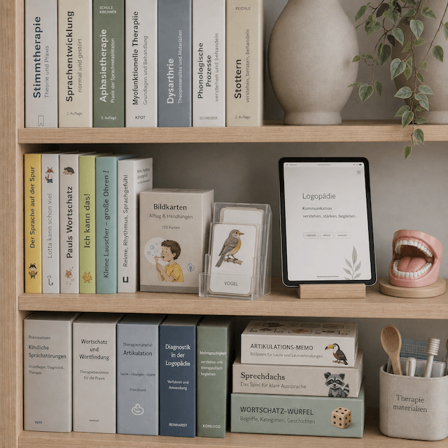 Bücherregal mit Logopädie-Fachliteratur und Therapiematerial (KI-generiert)
