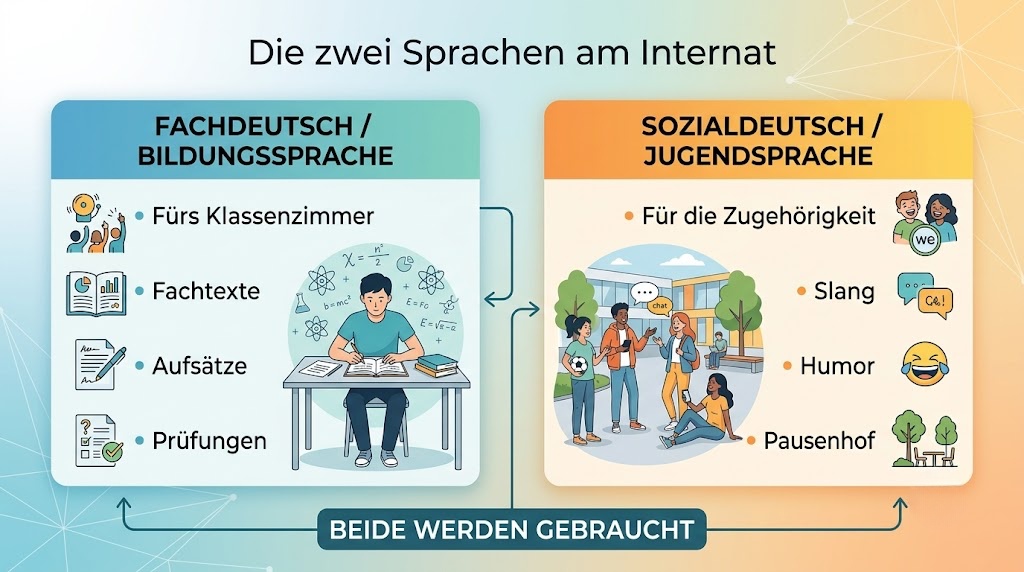 Grafik der zwei Register am Internat: Fachdeutsch für den Unterricht und Sozialdeutsch für die Zugehörigkeit