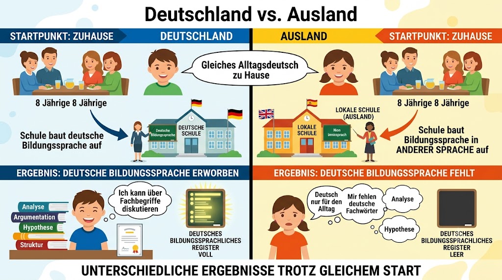 Vergleich Deutschland und Ausland: In Deutschland baut die Schule die deutsche Bildungssprache auf, im Ausland fehlt sie