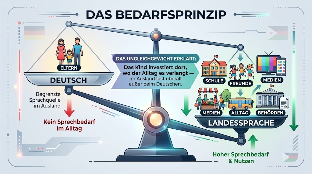 Waage-Grafik: Deutsch wird nur von den Eltern getragen, die Landessprache von Schule, Freunden, Medien und Alltag — das Ungleichgewicht erklärt den fehlenden Sprechbedarf