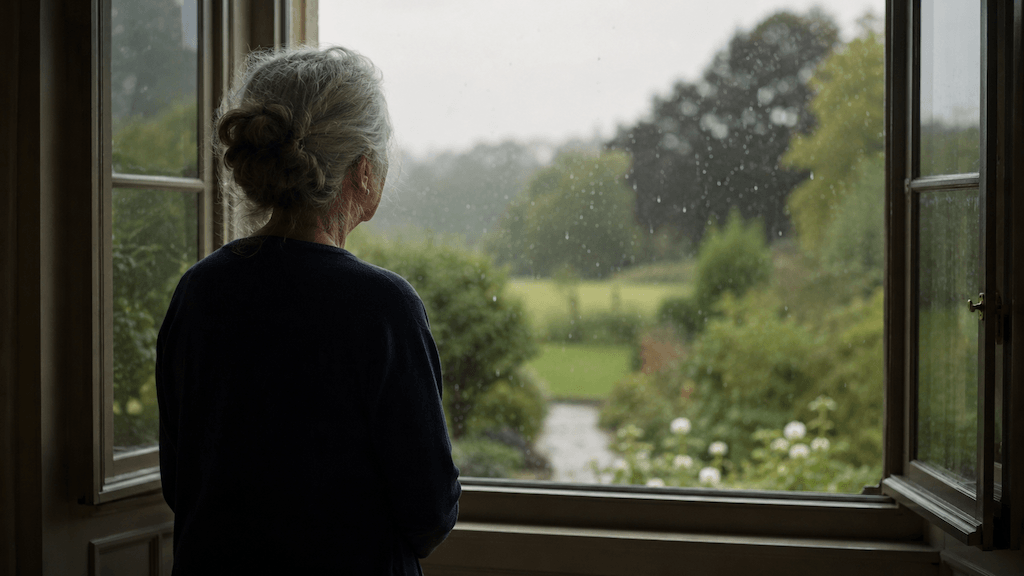 Ältere Frau am geöffneten Fenster, Blick in einen regenverhangenen Garten