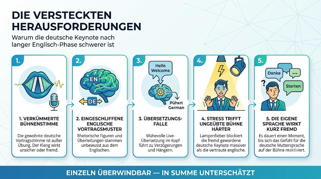 Grafik der fünf versteckten Herausforderungen einer deutschen Keynote nach langer Englisch-Phase