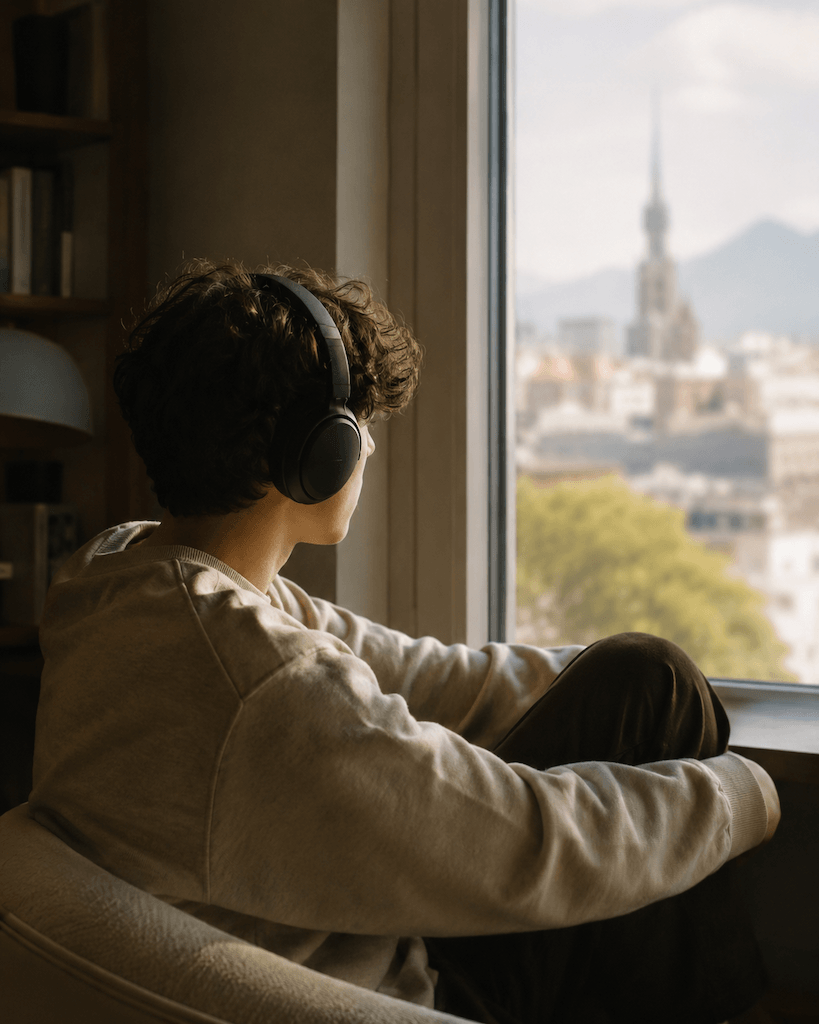 Nachdenklicher Jugendlicher etwas abseits — die stille Einsamkeit des Expat-Teenagers (KI-generiert)