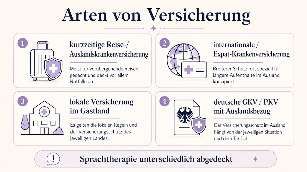 Grafik der vier Versicherungsarten und wie unterschiedlich sie Sprachtherapie abdecken (KI-generiert) (KI-generiert)