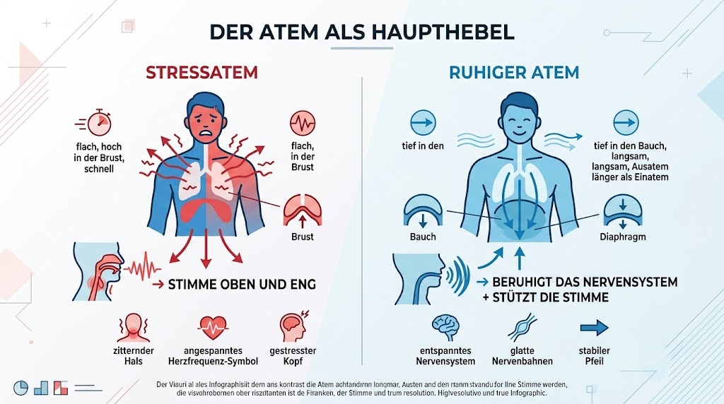 Vergleich von flachem Stressatem und ruhigem, tiefem Atem und ihre Wirkung auf die Stimme