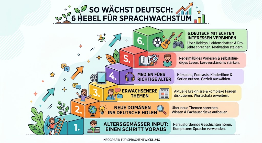 Übersicht der Hebel, um Deutsch mit dem Kind mitwachsen zu lassen: altersgemäßer Input, neue Domänen, reifere Themen, passende Medien, Lesen, Interessen