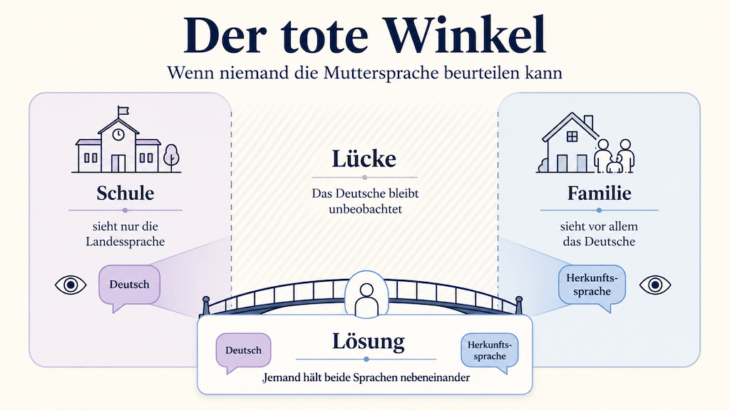 Schaubild: Schule und Familie sehen je nur eine Sprache; das Deutsche fällt in den toten Winkel (KI-generiert) (KI-generiert)