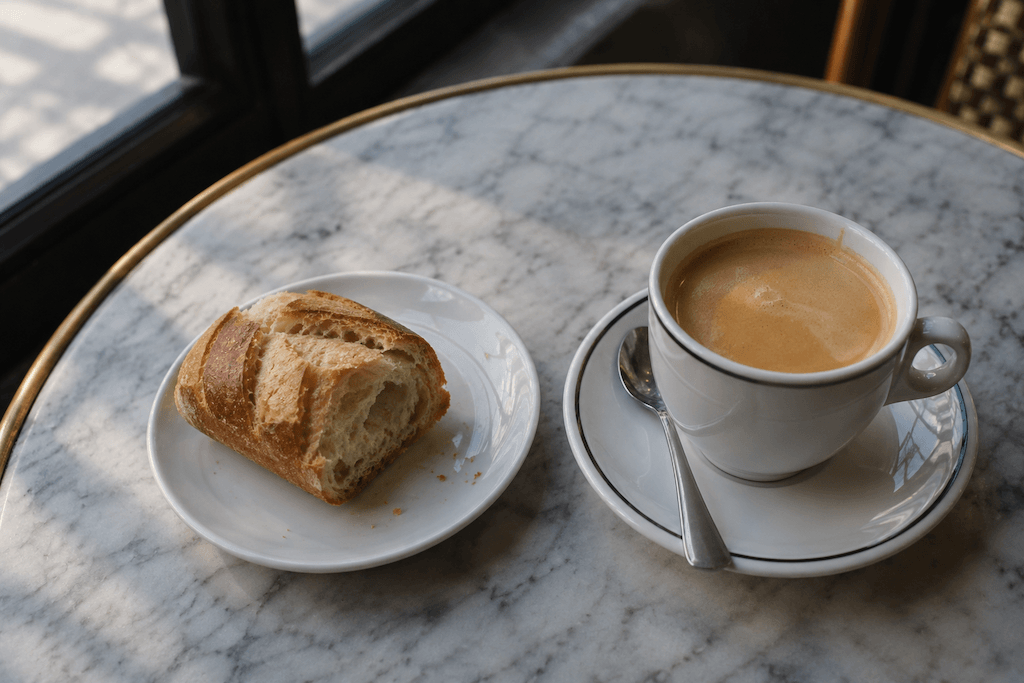 Baguette-Stück und Espresso auf einer Marmor-Bistro-Tischplatte