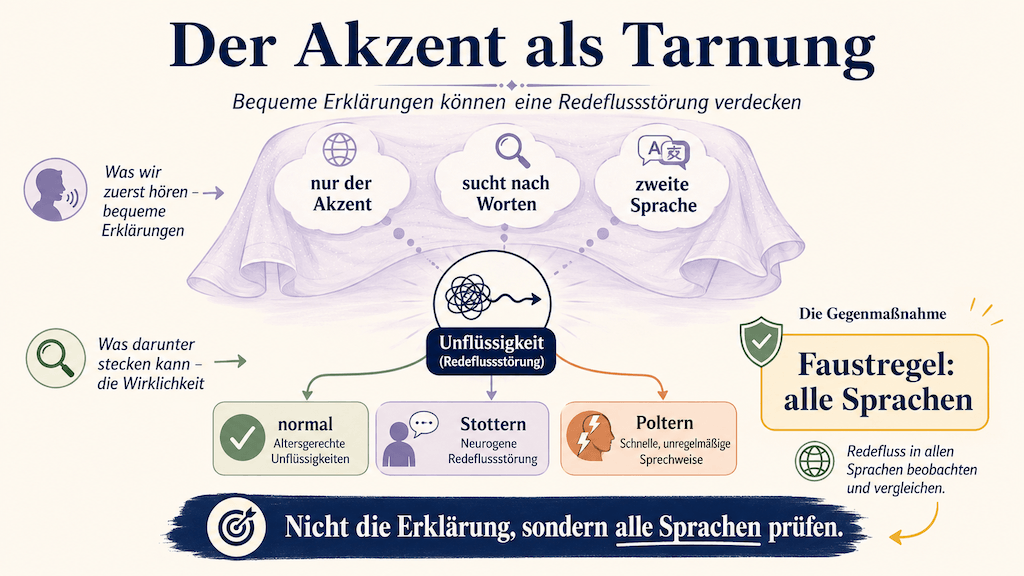 Grafik: bequeme Erklärungen wie „nur der Akzent“ verdecken eine mögliche Redeflussstörung im Ausland (KI-generiert) (KI-generiert)