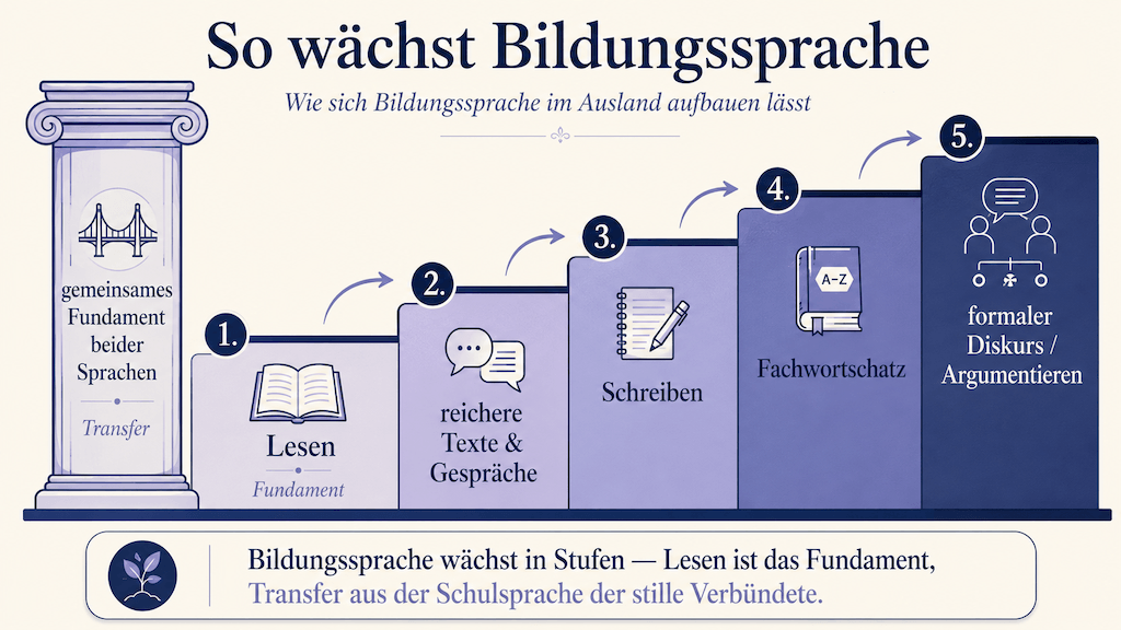 Stufengrafik zum Aufbau der Bildungssprache: Lesen, reichere Texte, Schreiben, Fachwortschatz, formaler Diskurs