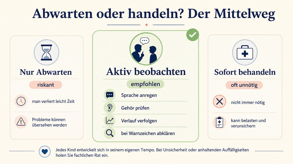 Grafik: der aktive Mittelweg zwischen Abwarten und sofortiger Behandlung beim späten Sprechbeginn (KI-generiert) (KI-generiert)