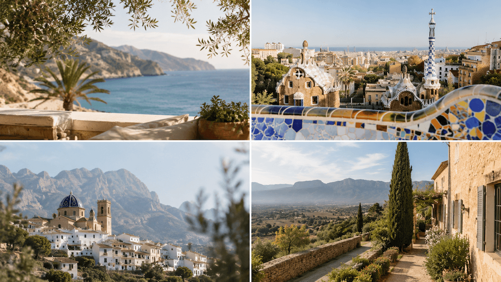 Collage der vier Regionen Spaniens: Küste, Barcelona (Park Güell), Bergdorf, Landgut mit Zypressen