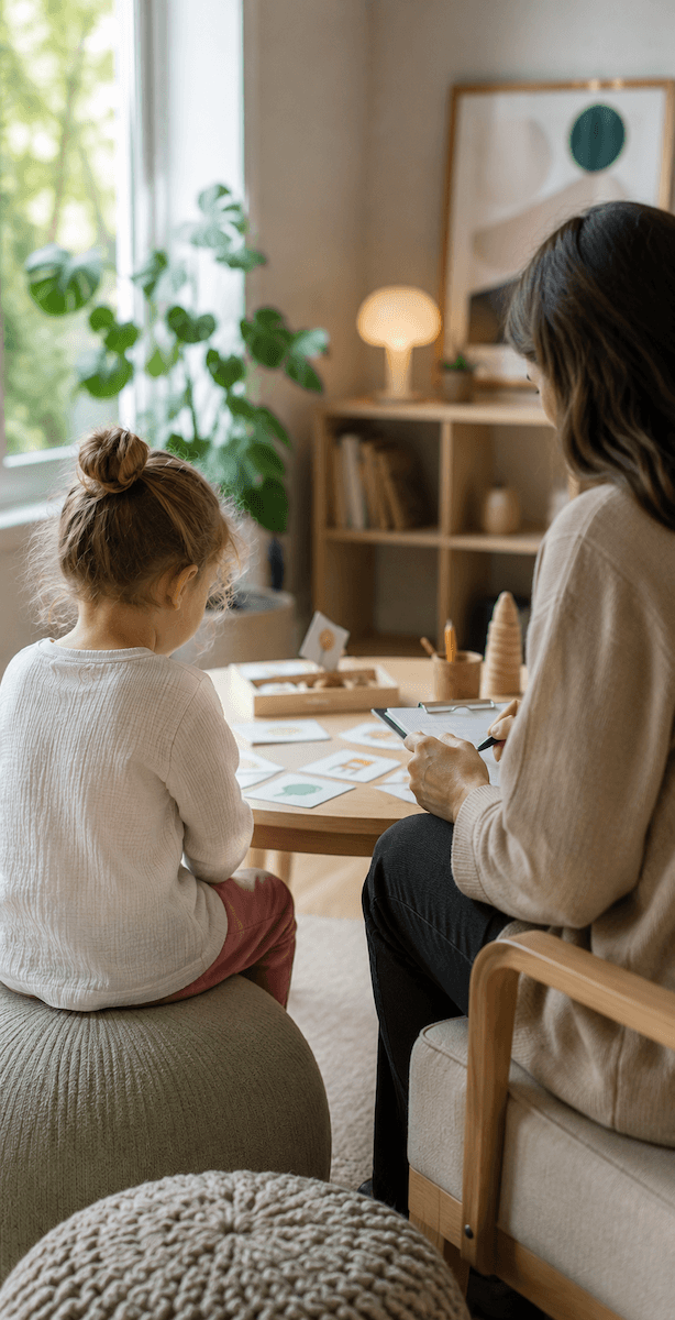 Kind im Kindergarten bei einer Sprechübung mit Bildkarten