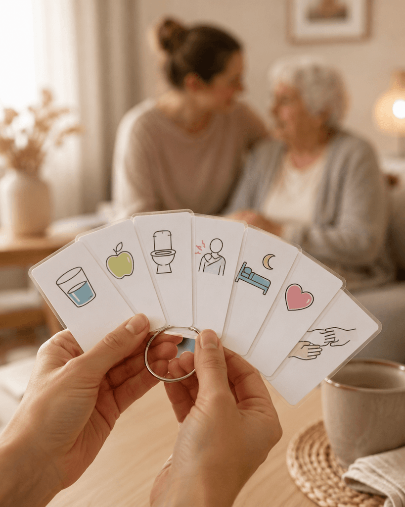 Ringkarte mit Bildsymbolen für die Pflege — deutsche Cues als Verständigungshilfe (KI-generiert) (KI-generiert)