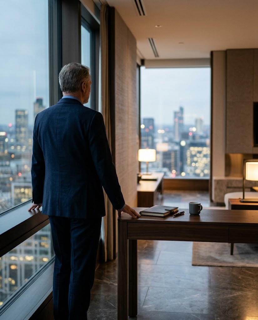 Executive am Panoramafenster einer Hotelsuite mit Blick auf Skyline bei Abenddämmerung