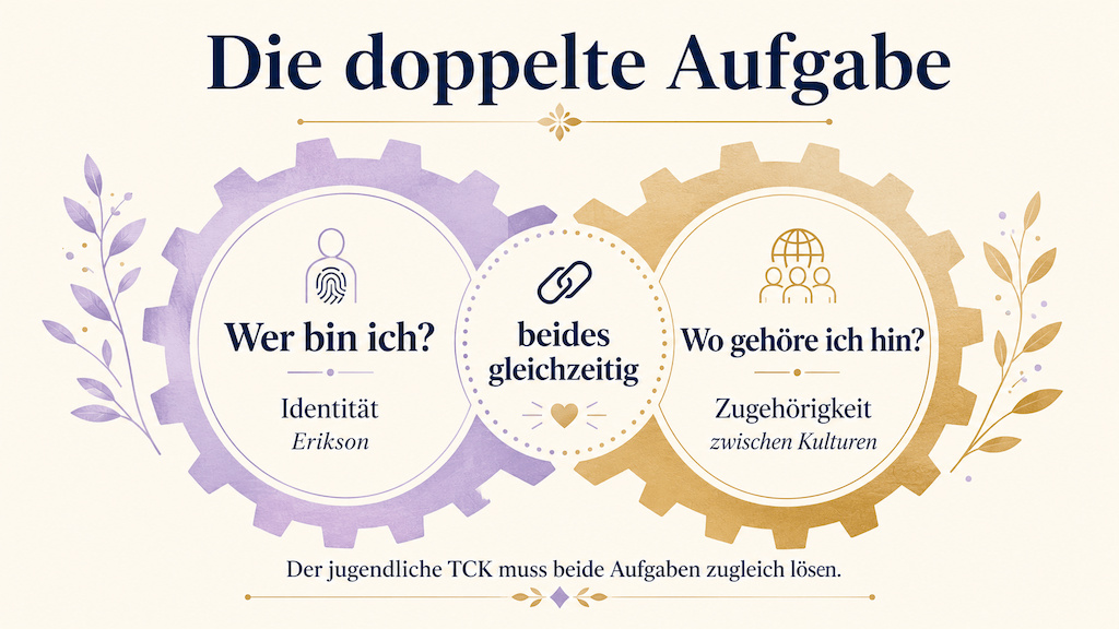 Grafik: Der jugendliche Third Culture Kid muss Identität und kulturelle Zugehörigkeit zugleich bewältigen (KI-generiert)