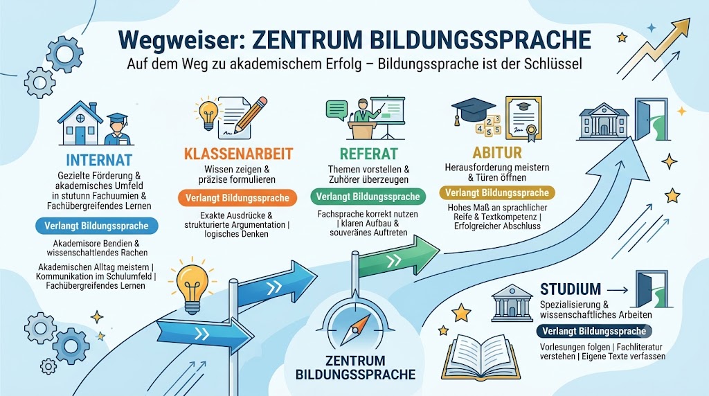 Grafik: Bildungssprache als Voraussetzung für Internat, Abitur, Studium, Referat und Klassenarbeit