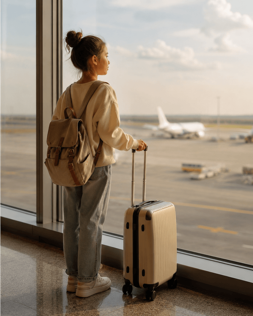 Kind mit Koffer am Flughafenfenster — ein Third Culture Kid zwischen Aufbruch und Ankommen (KI-generiert)