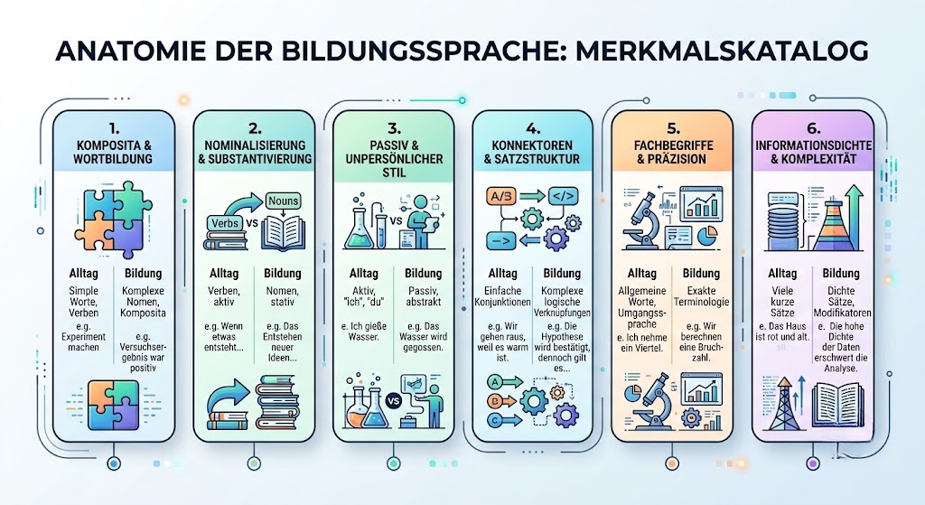 Grafik der Merkmale der Bildungssprache mit Beispielen: Komposita, Nominalisierung, Passiv, Konnektoren, Fachbegriffe, hohe Dichte