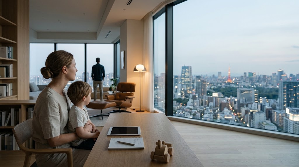 Familie mit Blick auf die Skyline von Singapur