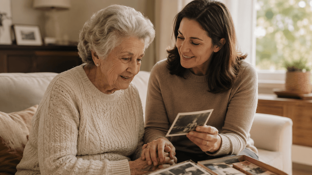 Angehörige und älterer Mensch in einem verbundenen Moment — Nähe über die Muttersprache (KI-generiert) (KI-generiert)