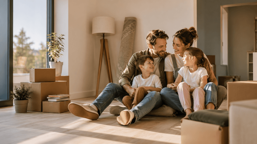 Familie zusammen in der neuen Wohnung — die Familie als Anker, der jeden Umzug überdauert (KI-generiert)