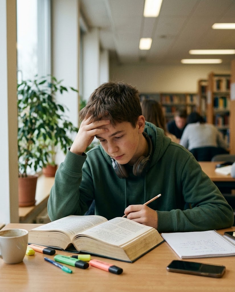 Jugendlicher arbeitet konzentriert mit Buch und Notizen in einer Bibliothek.
