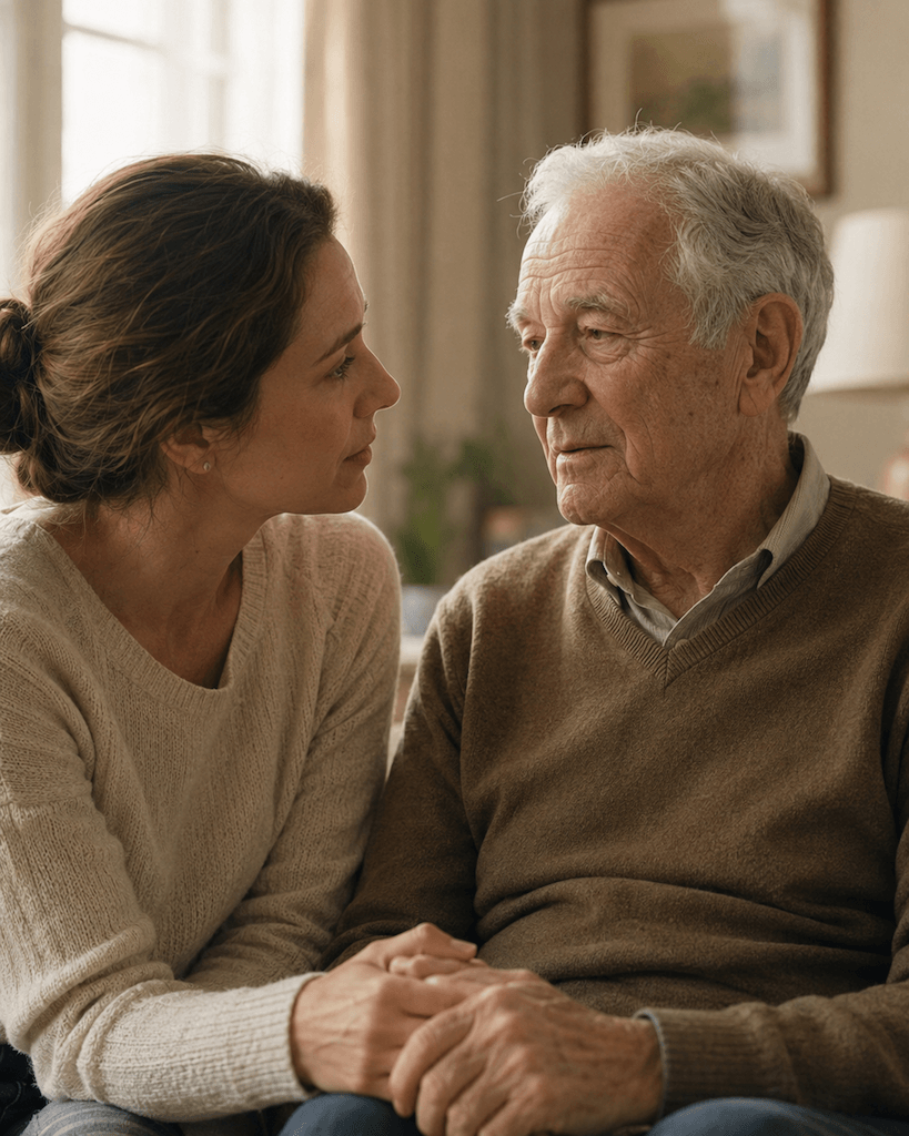 Tochter sitzt aufmerksam bei ihrem älteren Vater — der Moment, in dem die Sprache zum Thema wird (KI-generiert) (KI-generiert)