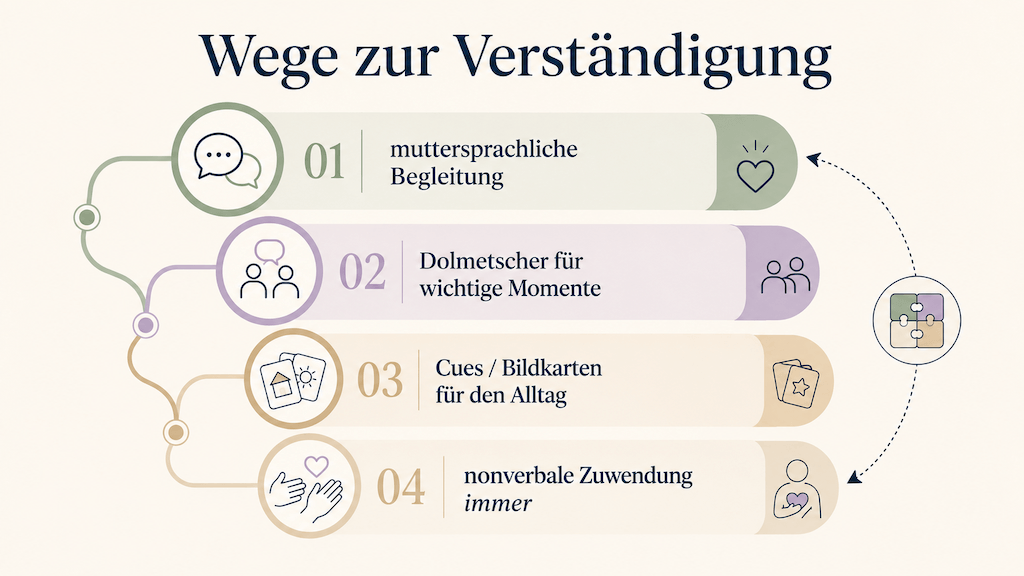 Grafik der Wege zur Verständigung in der Pflege: muttersprachliche Begleitung, Dolmetscher, Cues, nonverbale Zuwendung (KI-generiert) (KI-generiert)