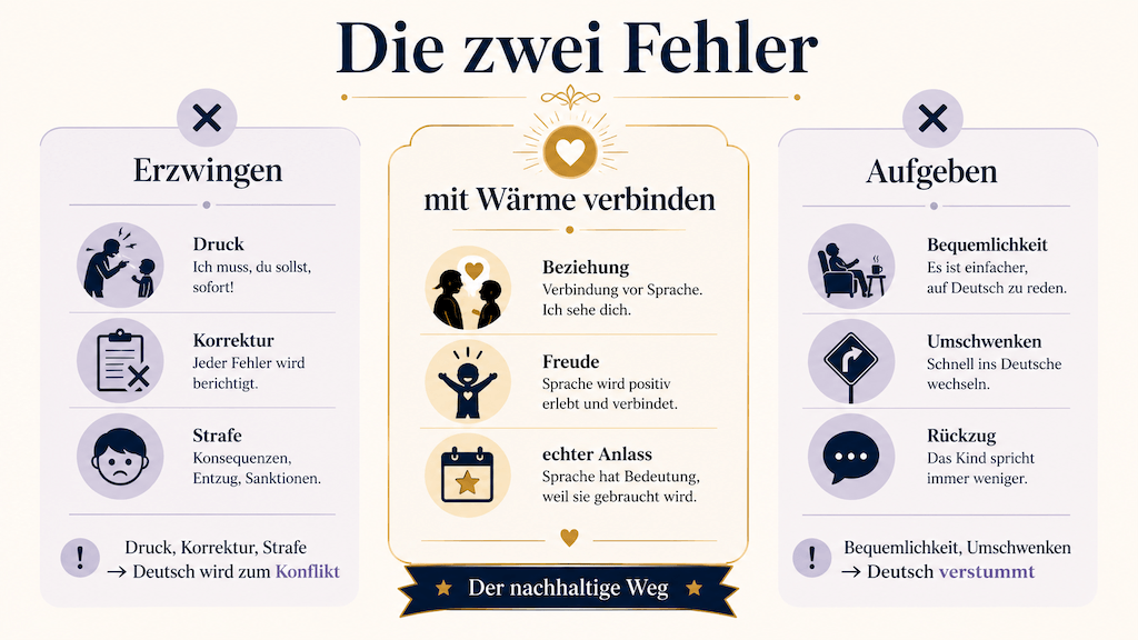 Grafik: Erzwingen und Aufgeben als die zwei Fehler — dazwischen der Weg, Sprache mit Wärme zu verbinden (KI-generiert)